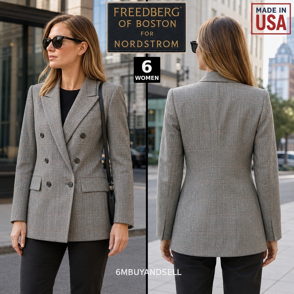 Freedberg Boston Nordstrom Womens Blazer 6 Grey Glen Plaid Double Breasted USA